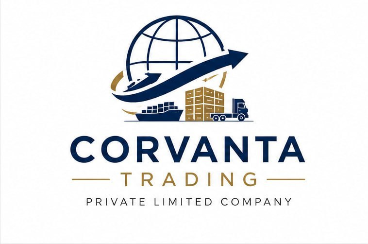 CORVANTA TRADING logo with globe, ship, warehouse and delivery truck